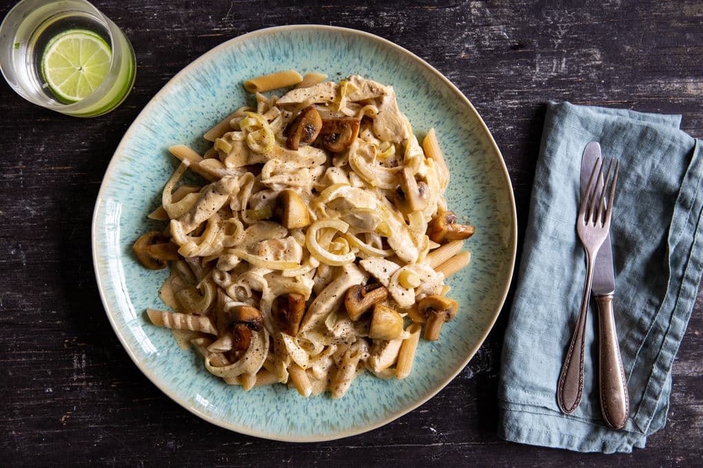 Hähnchengeschnetzeltes mit Rahmchampigons und Pasta